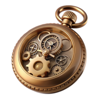 inspired traditional Steampunk pocket watch with ornate carvings and exposed gears. NO BACKGROUND with Transparent Background. sharp png
