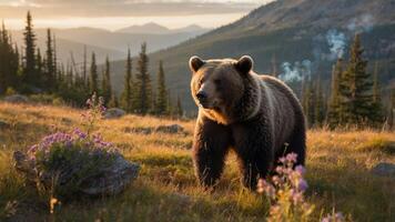 A bear stands in a scenic landscape with mountains and flowers at sunset. photo