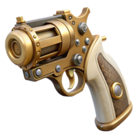 magnificent impressionist Steampunk pistol with an ivory grip and exposed clockwork mechanism. NO BACKGROUND with Transparent Background. museum quality png