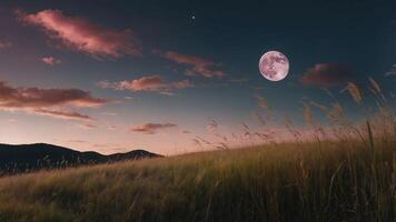 A serene landscape at dusk with a large moon and gentle grass swaying in the breeze. photo
