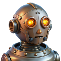 picturesque inspired Steampunk robot head with glowing eyes and exposed wiring. NO BACKGROUND with Transparent Background. png