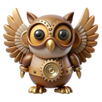 dramatic nostalgic mid-century Steampunk owl figurine with gear-driven wings. NO BACKGROUND with Transparent Background. crisp png
