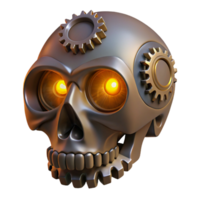 unforgettable geometric Steampunk skull with exposed gears and glowing eyes. NO BACKGROUND with Transparent Background. top-tier png