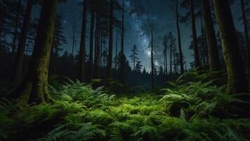 A serene forest scene under a starry night sky, showcasing lush ferns and towering trees. photo