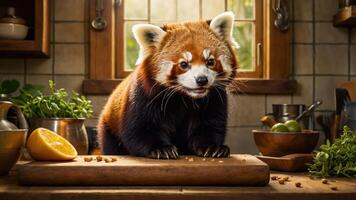 A red panda in a cozy kitchen setting, looking curiously at the camera. photo