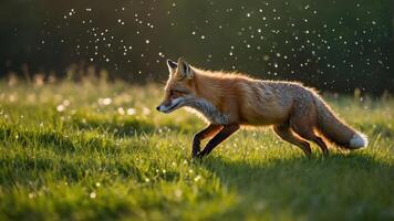 A fox running through a grassy field with sunlight and floating particles in the air. photo