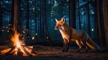 A fox stands near a campfire in a serene forest setting during twilight. photo