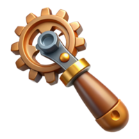 melancholic extraordinary Steampunk wrench with brass gears and a wooden handle. NO BACKGROUND with Transparent Background. 4K png