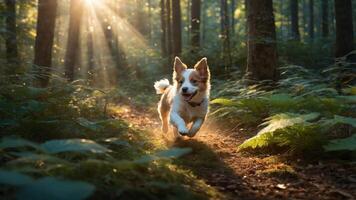 A dog joyfully runs through a sunlit forest path, surrounded by lush greenery. photo