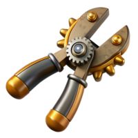 radiant timeless Steampunk pliers with gear-driven jaws and brass handles. NO BACKGROUND with Transparent Background. png