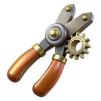 wonderful dramatic modern Steampunk pliers with gear-driven jaws and brass handles. NO BACKGROUND with Transparent Background. crisp png