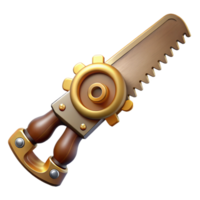 exceptional industrial Steampunk saw with a brass blade and a gear-embedded handle. NO BACKGROUND with Transparent Background. sharp png