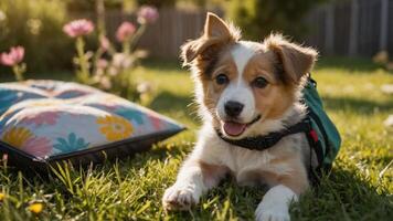 A playful puppy resting on grass with a colorful cushion nearby. photo