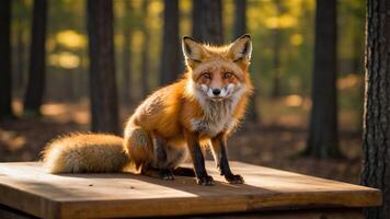 A fox sitting on a wooden surface in a sunlit forest. photo