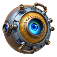 melancholic exquisite Steampunk robotic eye with glowing iris and intricate clockwork details. NO BACKGROUND with Transparent Background. premium png