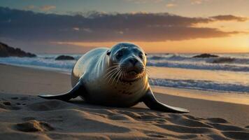 A seal resting on the beach at sunset, highlighting wildlife in a serene coastal setting. photo