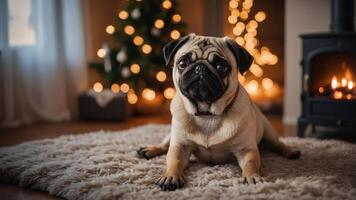 A pug lying on a soft rug in a cozy room with a Christmas tree and fireplace. photo