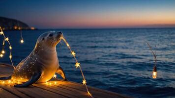 A seal adorned with string lights on a dock at sunset by the ocean. photo