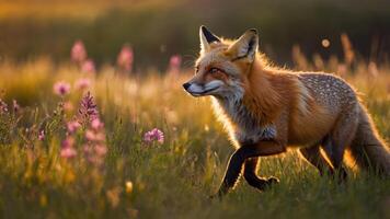 A fox walks gracefully through a field of flowers during golden hour. photo