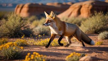A fox walking through a desert landscape adorned with yellow flowers. photo