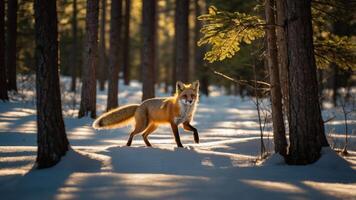 A fox walks gracefully through a snowy forest, illuminated by soft sunlight. photo