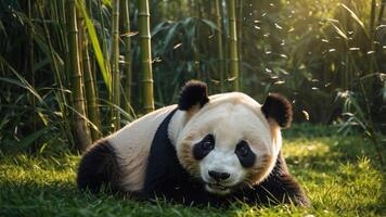 A giant panda resting in a lush bamboo forest, surrounded by greenery and soft light. photo