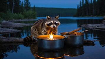 A raccoon near a campfire by a lake, surrounded by cooking pots in a serene setting. photo