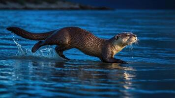 A playful otter running through water, showcasing its agility and natural habitat. photo
