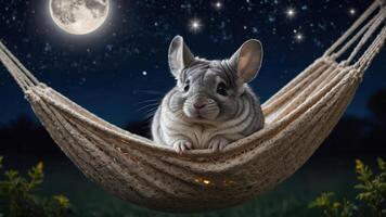 A cute chinchilla relaxing in a hammock under a starry night sky. photo