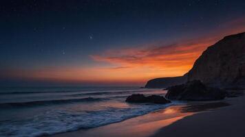 A serene beach at sunset with waves, cliffs, and a starry sky. photo