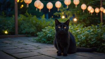 A black cat sits on a stone path surrounded by greenery and lanterns at dusk. photo