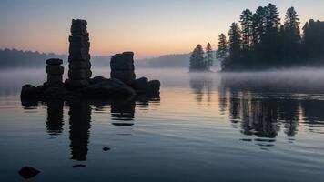 Serene landscape featuring stone structures reflected in calm water at dawn with mist. photo