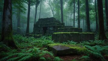 A moss-covered stone structure in a misty forest, evoking mystery and ancient history. photo
