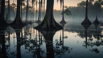 Misty swamp landscape with cypress trees reflecting in still water at dawn. photo