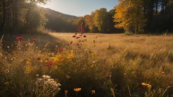 A serene meadow with wildflowers and autumn trees under soft sunlight. photo