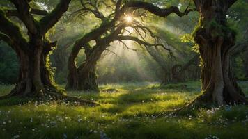 A serene forest scene with sunlight filtering through ancient trees, creating a magical atmosphere. photo