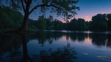 A serene twilight scene of a river reflecting trees and the moon. photo