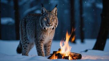 A lynx stands near a small fire in a snowy forest, creating a serene, mystical atmosphere. photo