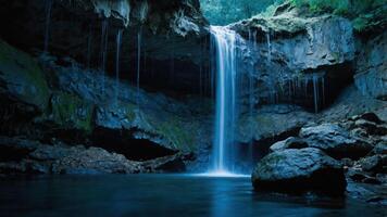 A serene waterfall cascading into a tranquil pool surrounded by rocky cliffs and lush greenery. photo