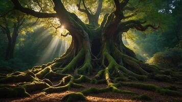 A majestic tree with sprawling roots and sunlight filtering through its leaves. photo