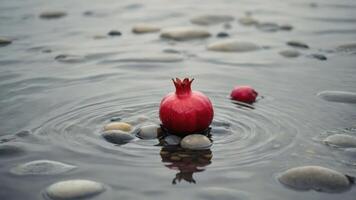 Pomegranate Resting on Pebbles in Water Creates Gentle Ripples photo