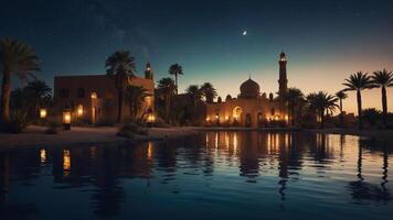 Reflecting Architecture and Palm Trees on Water Under Night Sky photo