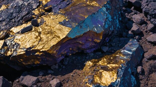 Shiny Mineral Specimens Displaying Metallic Colors and Textural Rock Surface photo