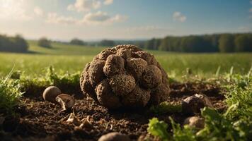 Close-up of Mushroom in Field with Forest Backdrop at Daytime photo