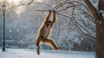 Monkey Hanging From Tree Branch in Winter Snowfall Scene photo