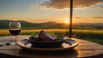 Enjoying Dinner with Wine at Sunset Over Rolling Hills photo