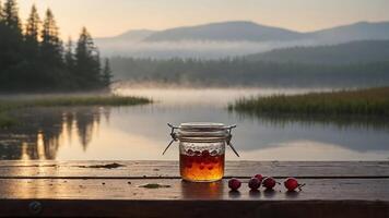Jar of Berries on Wooden Table with Misty Lake Background photo