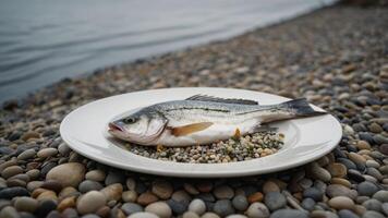 Fresh Fish Presentation on Plate by Water with Pebble Beach photo