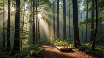 Sun Rays Shining Through Tall Trees in Forest with Peaceful Mood photo