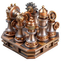 bellissima dinamico minimalista steampunk scacchi impostato con intricatamente progettato metallo pezzi. no sfondo con trasparente sfondo. precisione png